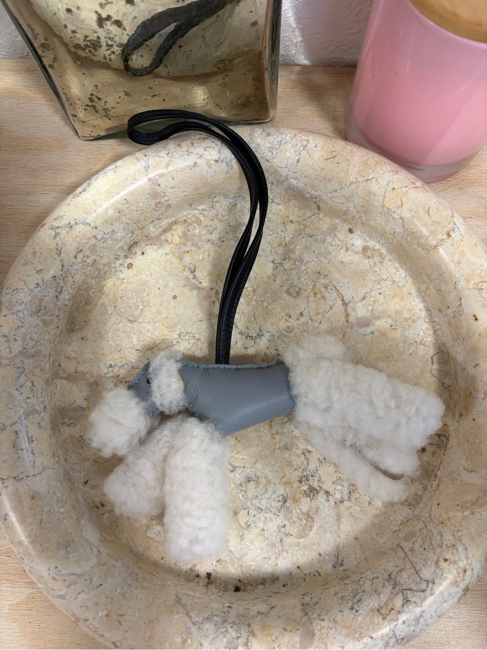 Hermes Budy Shearling and Gray Leather Bag Charm with Black Strap